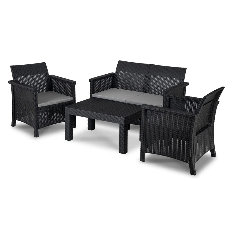 Zestaw ogrodowy BENET czarny technorattan sofa 2 osobowa dwa fotele i stolik widok z boku